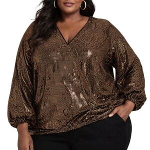 INC International Concepts Metallic Bronze Sequin V-Neck Blouse Size 2X NWT